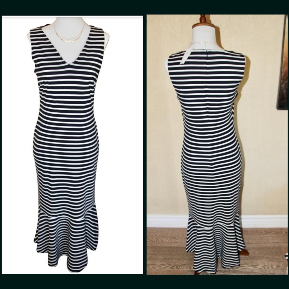 Stripe Ponte Flounce Midi Long Dress Navy&White